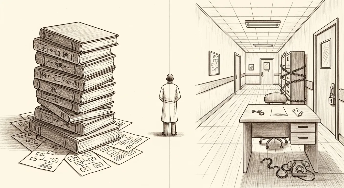 Ilustração que contrasta a teoria de gestão corporativa (livros, planos de 90 dias, organigramas) com a realidade do diretor de serviço do SNS (corredor hospitalar, portas fechadas a cadeado, chaves e código de email em cima da secretária)
